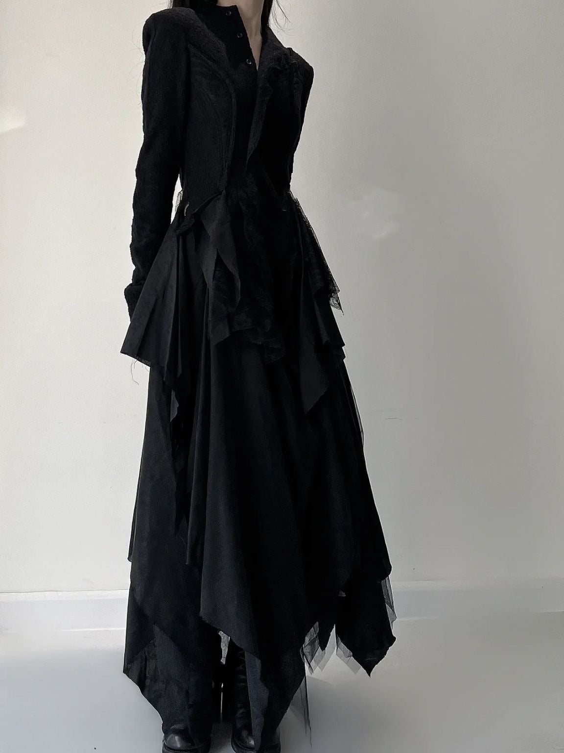 Asymmetric Lace Spliced Draped Tunic Blouse