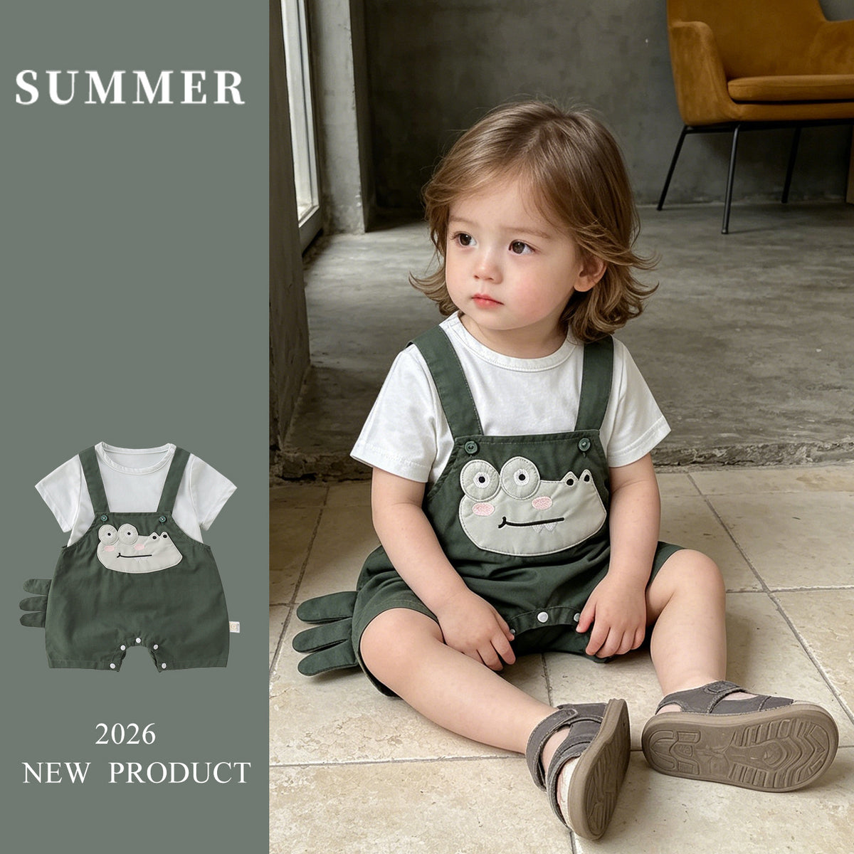 Playful Crocodile Applique Baby Overall & T-Shirt Set
