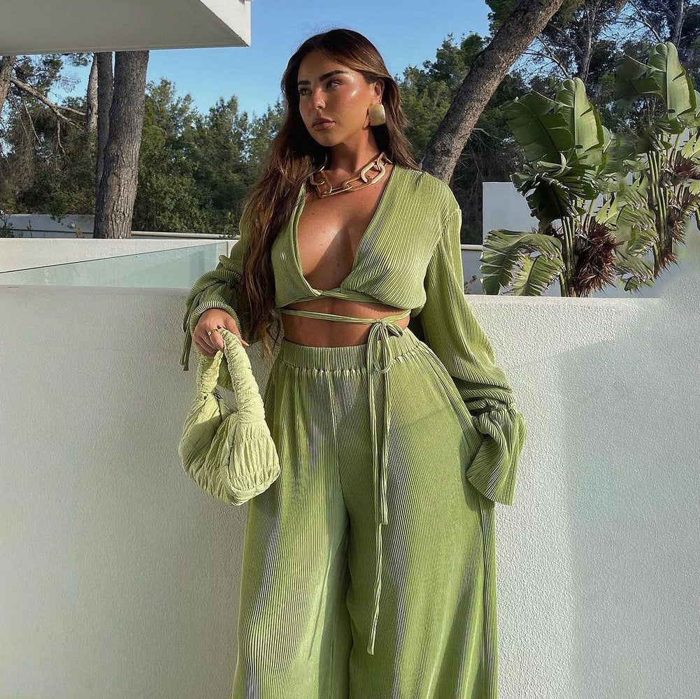 Pleated Tie-Wrap Crop Top & High-Waist Wide-Leg Pants Set