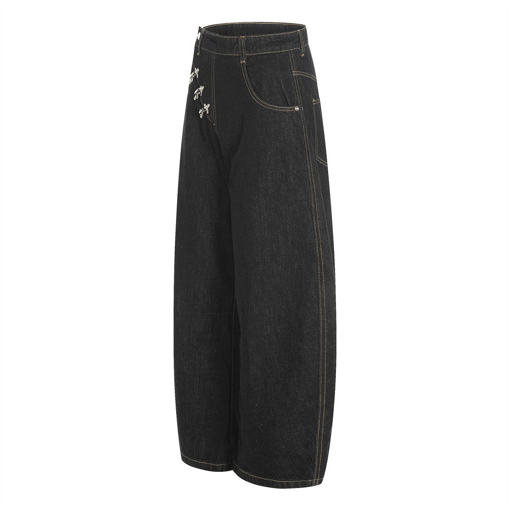 Asymmetric Metal Buckle Wide-Leg Black Jeans