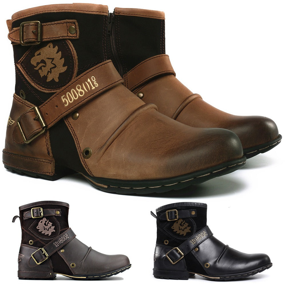 Men's Vintage Western Buckle Leather Ankle Boots