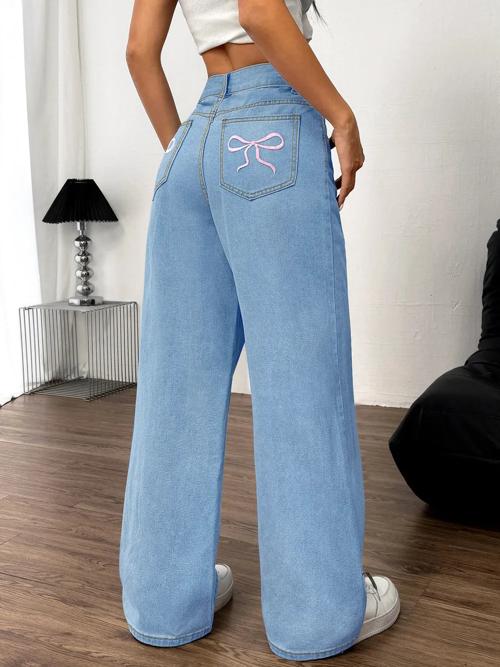 Coquette Embroidered Bow Wide-Leg Jeans