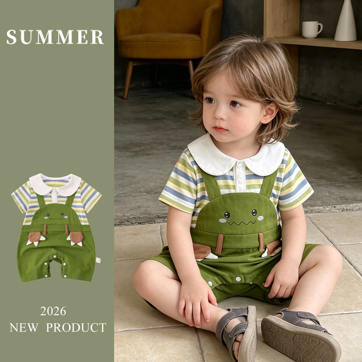 Cute Cartoon Dinosaur Striped Baby Romper Onesie