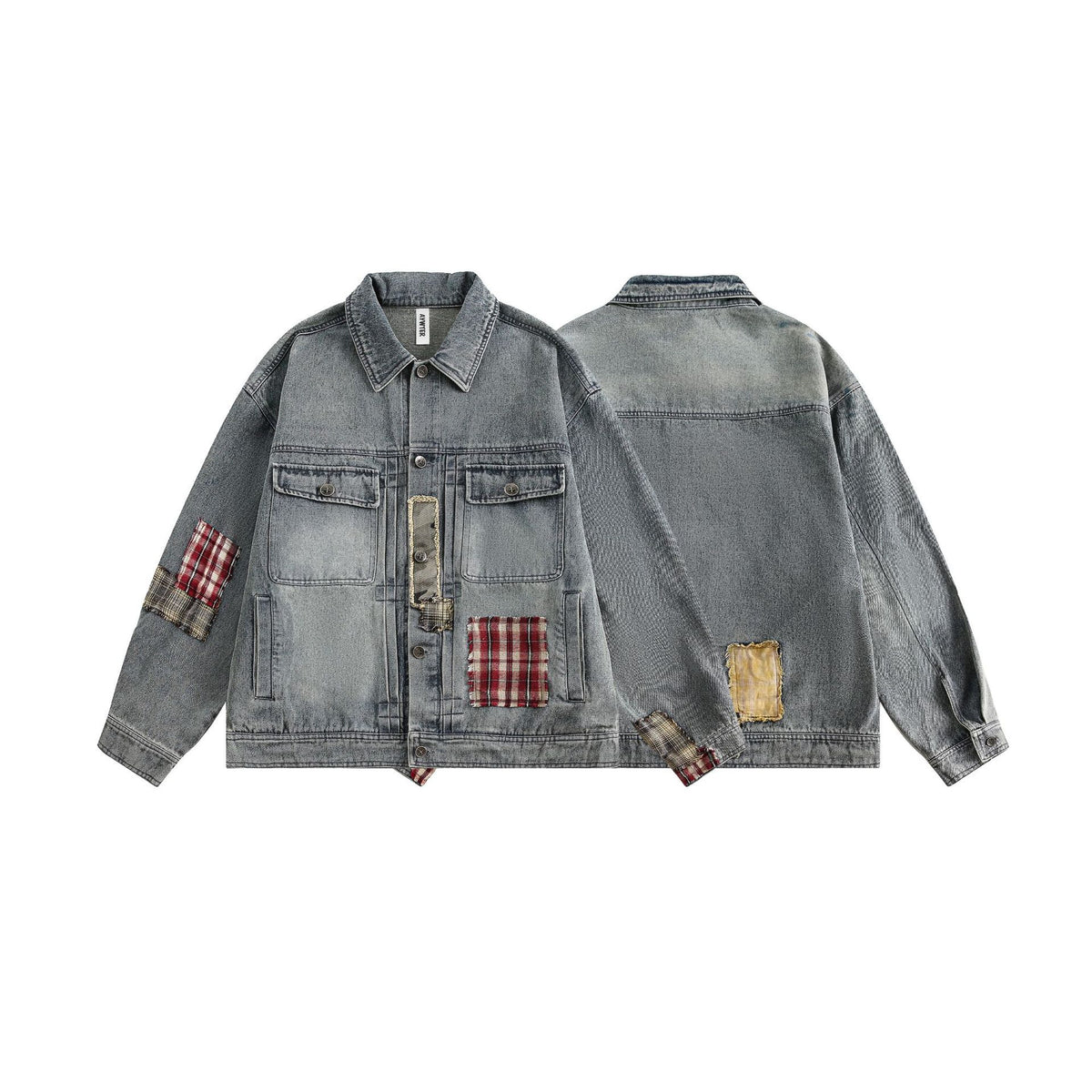 Rust Blue Plaid Patchwork Washed Denim Jacket