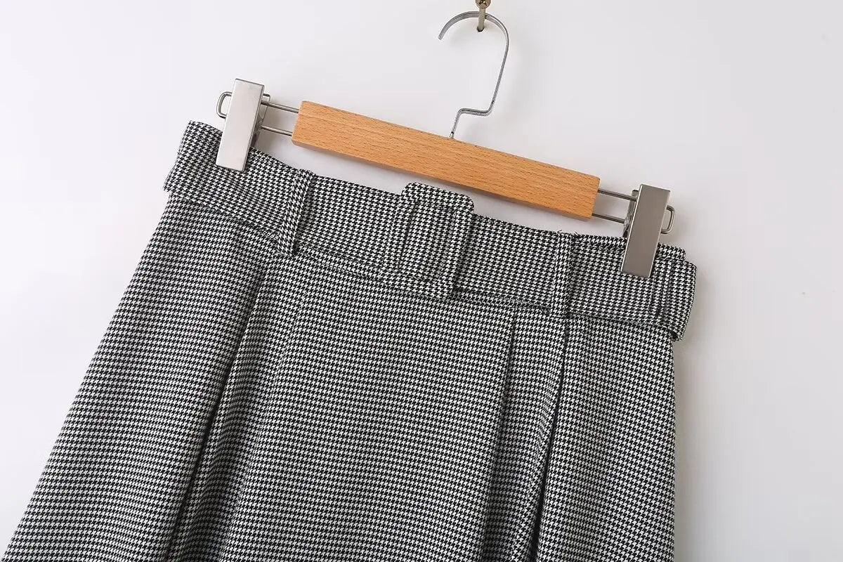 Houndstooth Mock-Neck Blouse & A-Line Belted Skirt Set
