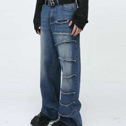 Vintage American Retro Raw-Hem Patchwork Wide-Leg Jeans