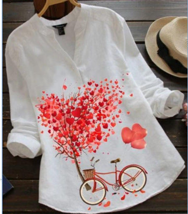 Autumn Bicycle & Tree Linen V-Neck Shirt