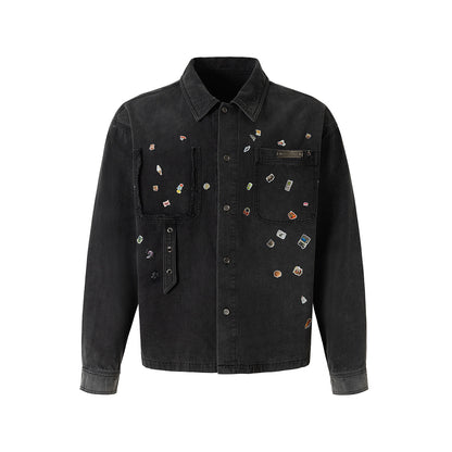 Dark Gray Pin-Embellished Washed Denim Jacket