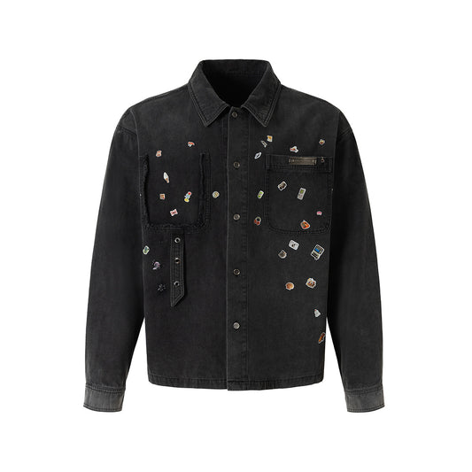 Dark Gray Pin-Embellished Washed Denim Jacket