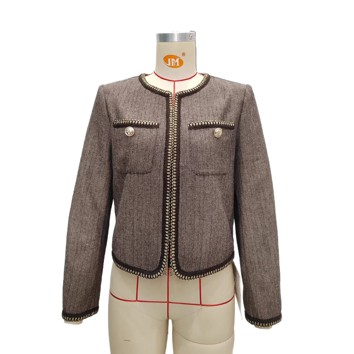 Vintage Brown Tweed Cropped Collarless Jacket