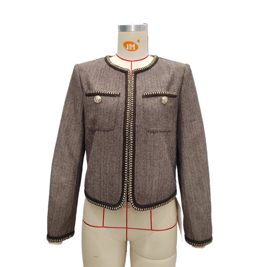 Vintage Brown Tweed Cropped Collarless Jacket