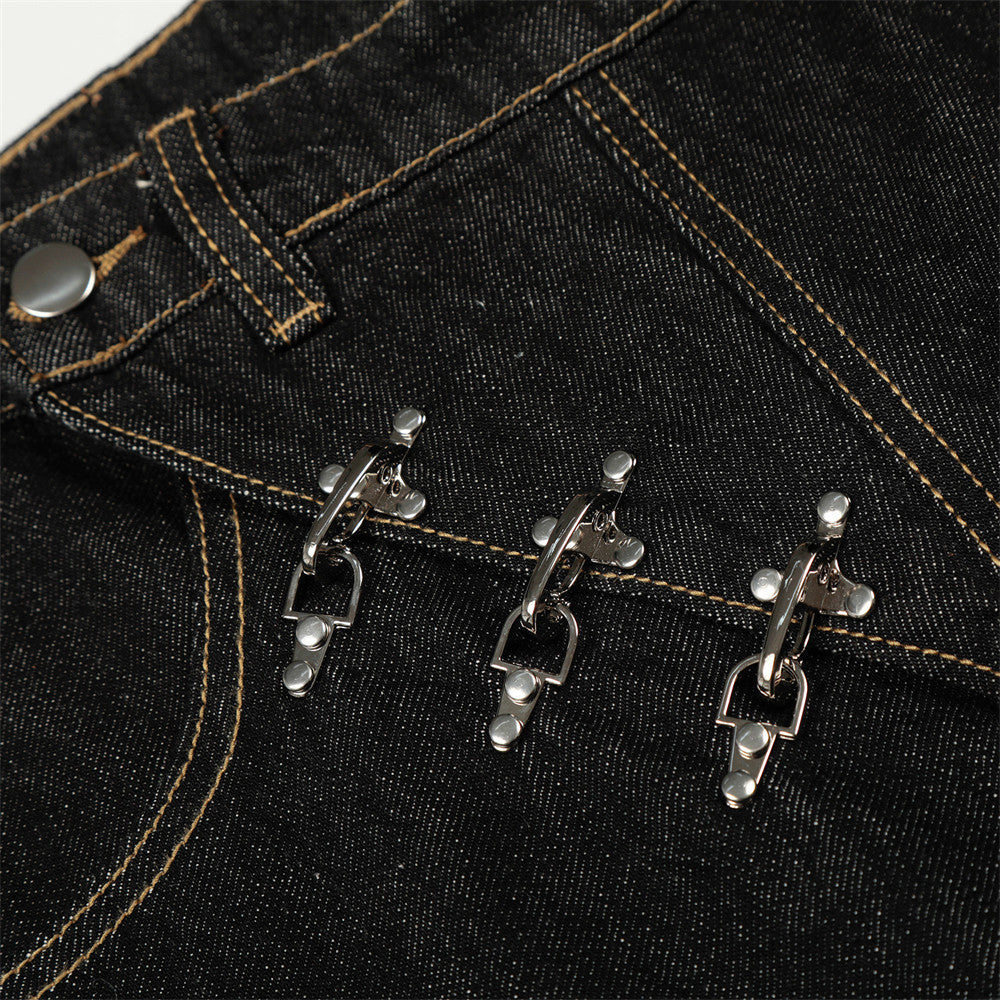 Asymmetric Metal Buckle Wide-Leg Black Jeans