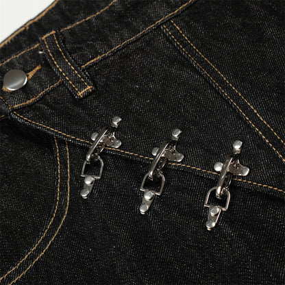 Asymmetric Metal Buckle Wide-Leg Black Jeans