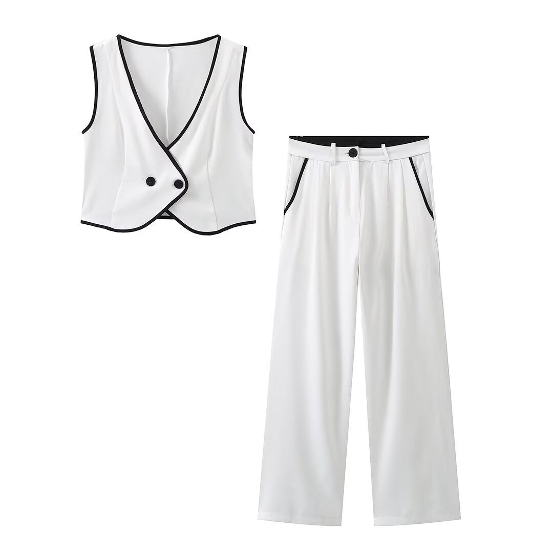 Monochrome Contrast Piping Vest & Wide-Leg Trouser Set