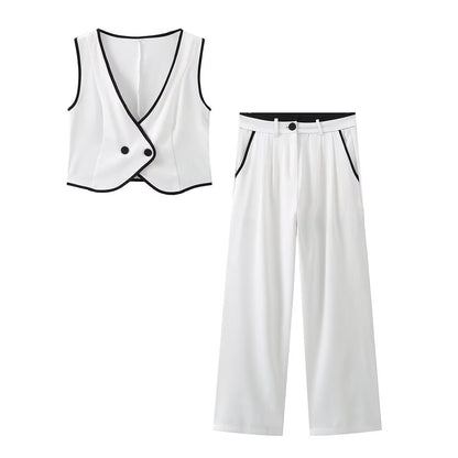 Monochrome Contrast Piping Vest & Wide-Leg Trouser Set