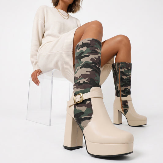 Camouflage Platform Block-Heeled High Boots