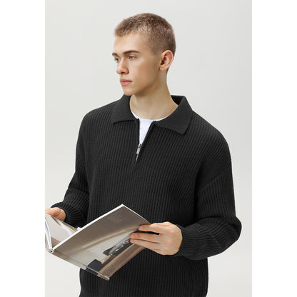 Minimalist Ribbed Lapel Quarter-Zip Sweater