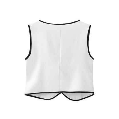 Monochrome Contrast Piping Vest & Wide-Leg Trouser Set