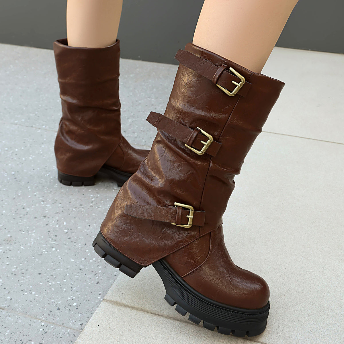 Triple Buckle Slouchy Platform Biker Boots