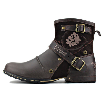 Men's Vintage Western Buckle Leather Ankle Boots
