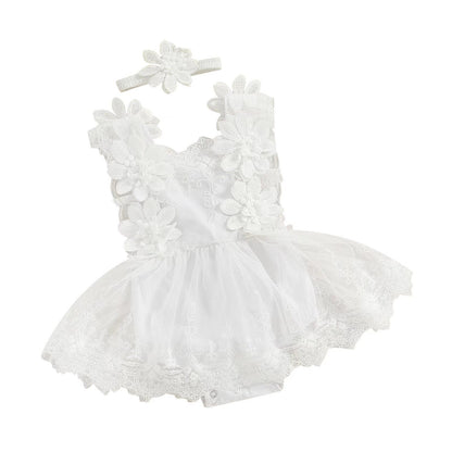 Vintage Floral Lace Baby Romper Dress & Headband Set