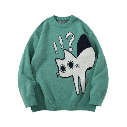Playful Shocked Cat Graphic Oversized Knit Sweater