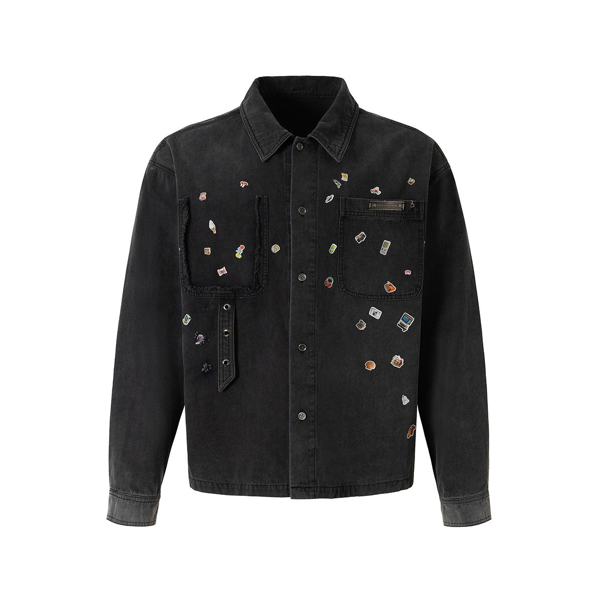 Dark Gray Pin-Embellished Washed Denim Jacket