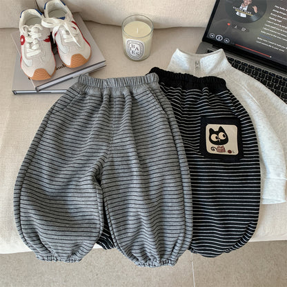 Cartoon Cat Patchwork Striped Knit Joggers