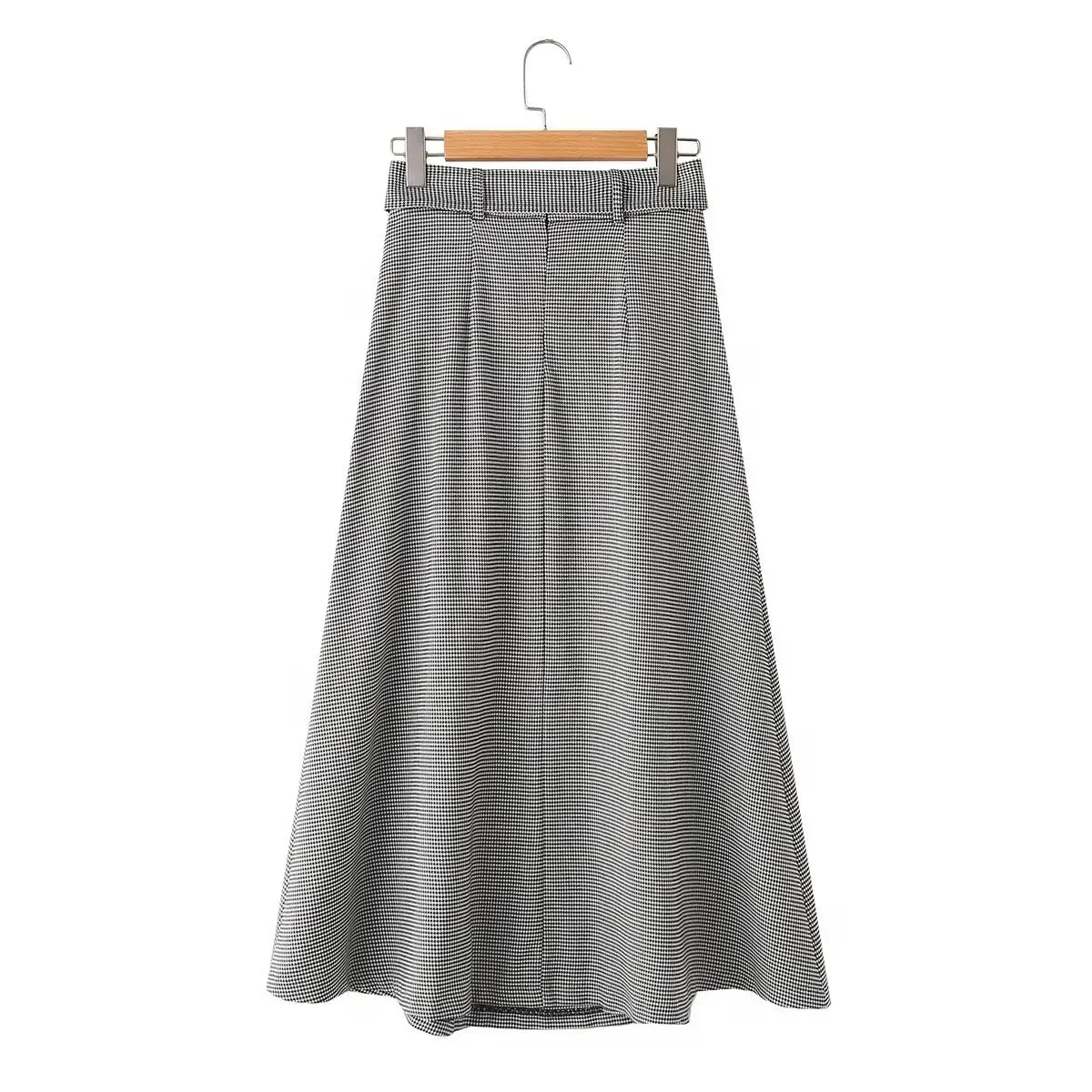 Houndstooth Mock-Neck Blouse & A-Line Belted Skirt Set