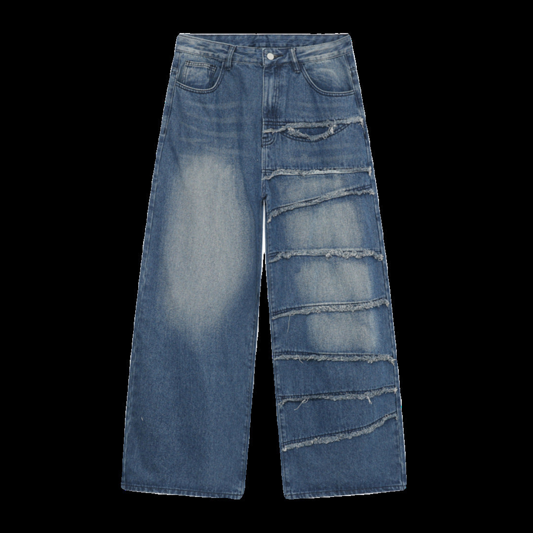 Vintage American Retro Raw-Hem Patchwork Wide-Leg Jeans