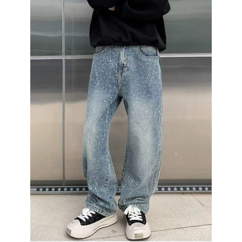 Vintage Paint-Splatter Wide-Leg Denim Jeans