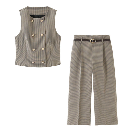 Double-Breasted Plaid Vest & Belted Wide-Leg Trouser Set