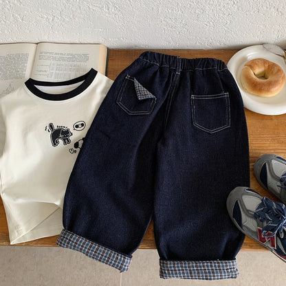 Vintage Loose-Fit Kids Denim Jeans with Plaid Turn-Up Cuffs