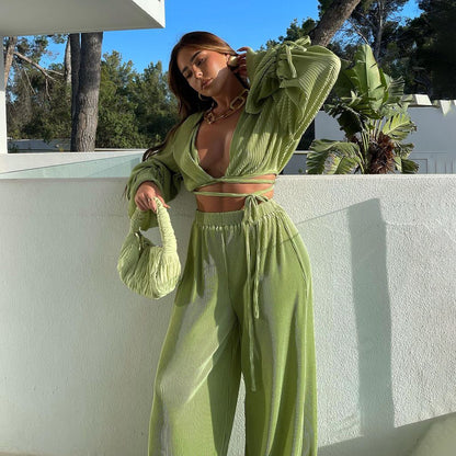 Pleated Tie-Wrap Crop Top & High-Waist Wide-Leg Pants Set