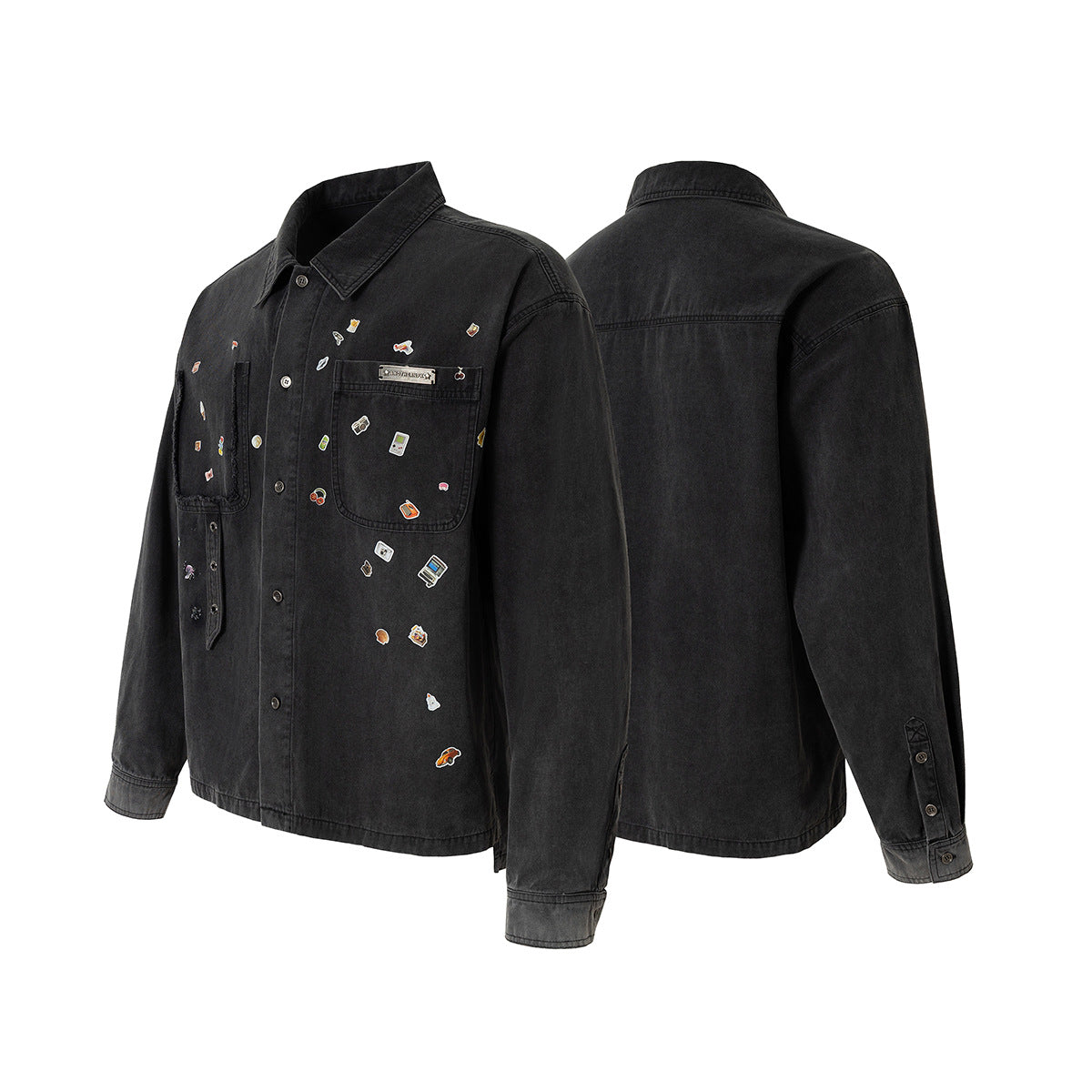 Dark Gray Pin-Embellished Washed Denim Jacket