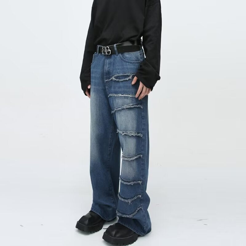 Vintage American Retro Raw-Hem Patchwork Wide-Leg Jeans