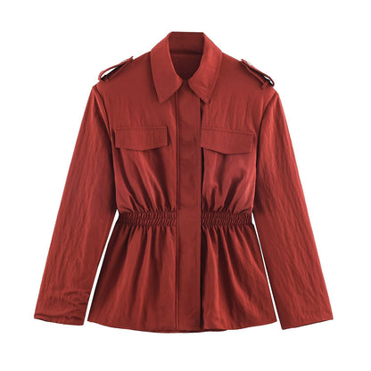 Rust Terracotta Cinched-Waist Utility Jacket & Wide-Leg Pants Set