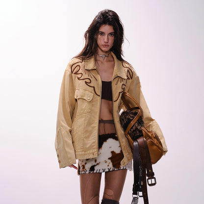 Khaki Celestial Sun Embroidered Denim Jacket