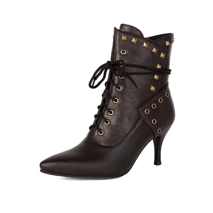 Studded Pointed-Toe Lace-Up Heeled Ankle Boots