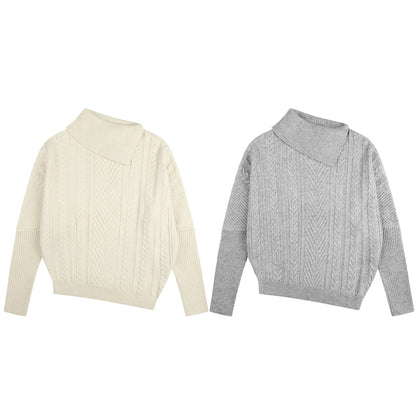 Asymmetric Fold-Collar Cable Knit Sweater