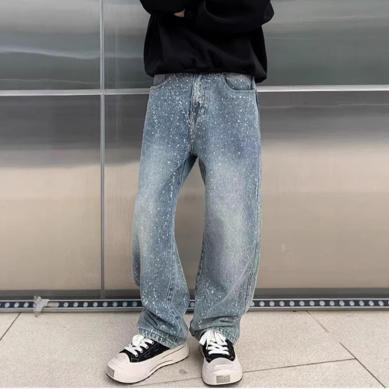 Vintage Paint-Splatter Wide-Leg Denim Jeans