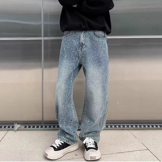 Vintage Paint-Splatter Wide-Leg Denim Jeans
