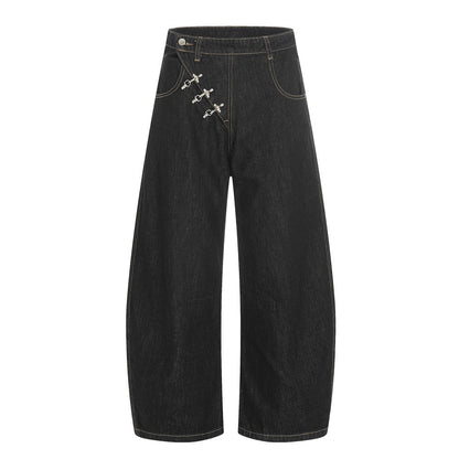 Asymmetric Metal Buckle Wide-Leg Black Jeans