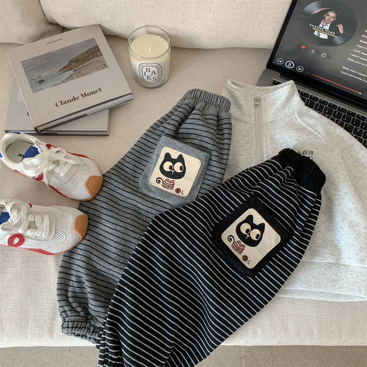 Cartoon Cat Patchwork Striped Knit Joggers