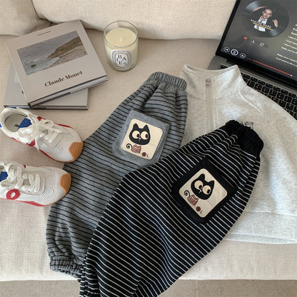 Cartoon Cat Patchwork Striped Knit Joggers
