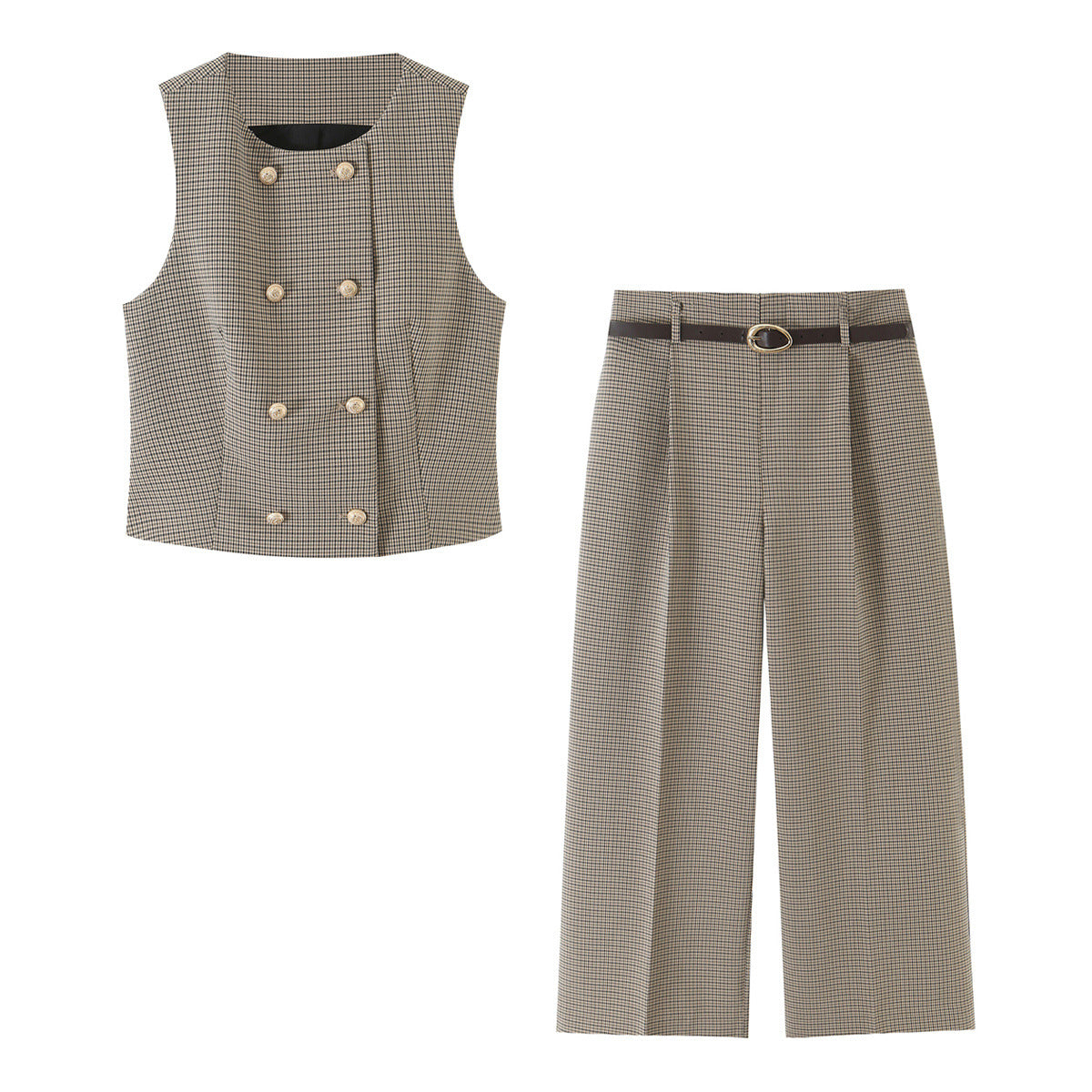 Double-Breasted Plaid Vest & Belted Wide-Leg Trouser Set