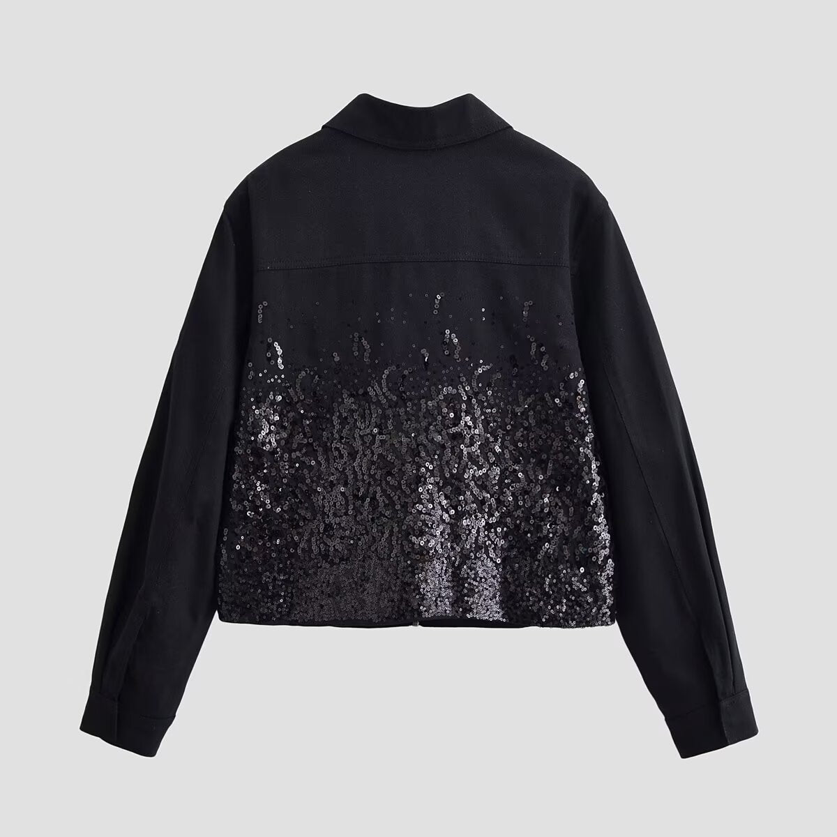 Black Sequin Gradient Zip-Up Crop Jacket