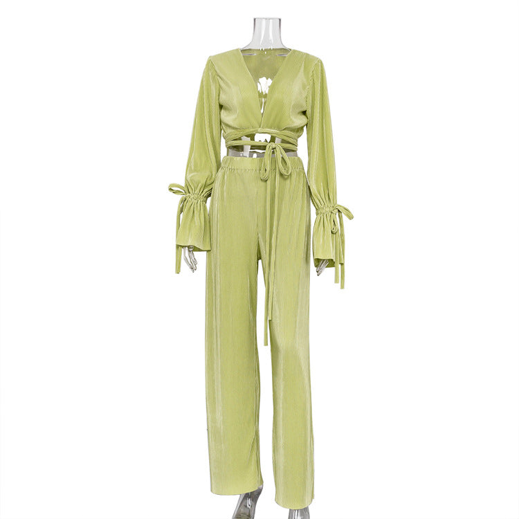 Pleated Tie-Wrap Crop Top & High-Waist Wide-Leg Pants Set