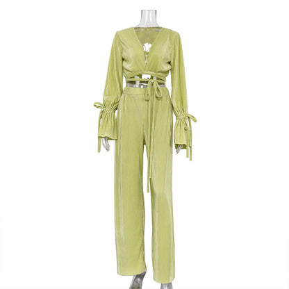 Pleated Tie-Wrap Crop Top & High-Waist Wide-Leg Pants Set