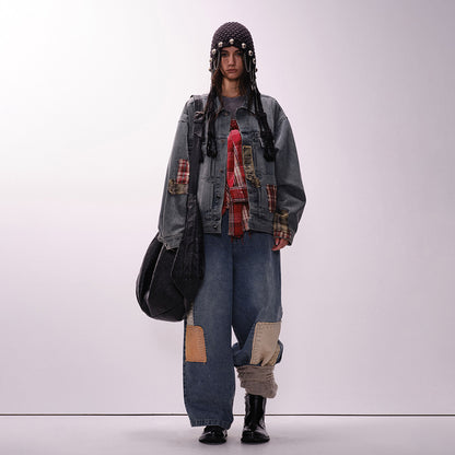 Rust Blue Plaid Patchwork Washed Denim Jacket